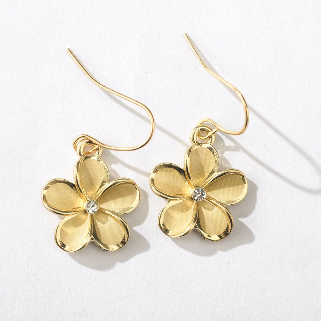 Gold Plumeria Cz Dangle Earrings